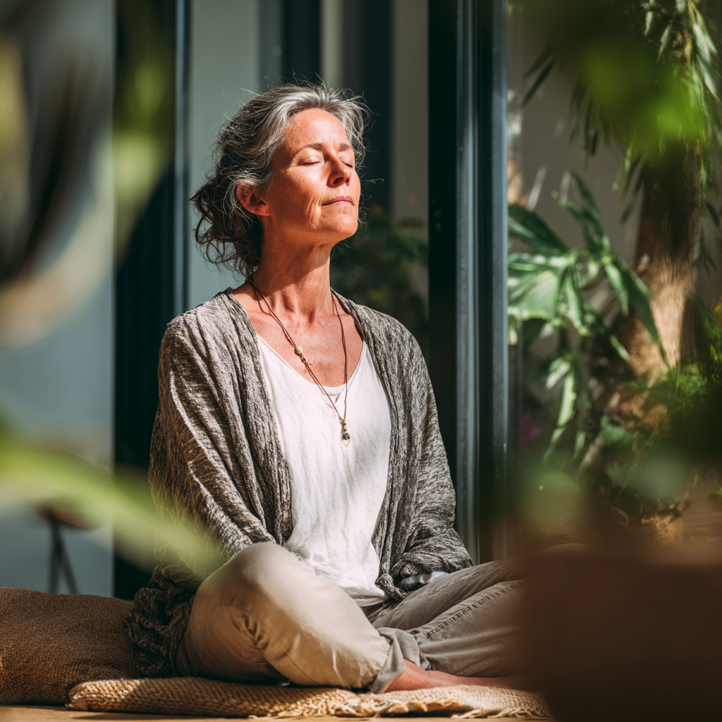 Mature woman practicing mindful meditation in peaceful environment